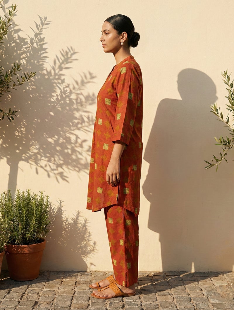 trueBrowns Rust Geometric Print Kurta Pant Set - Image 3
